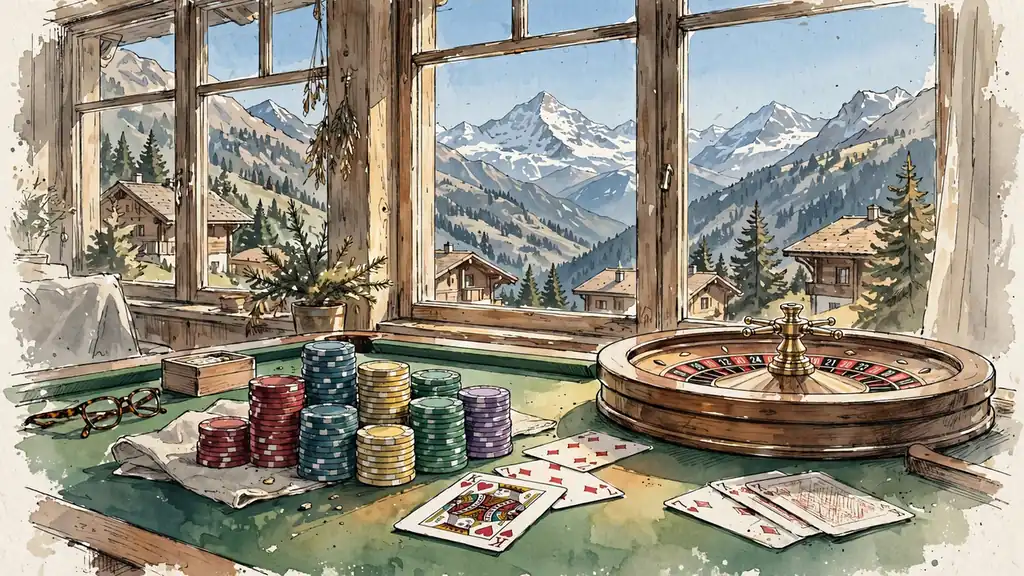 Schweizer Spieltisch mit Casino-Jetons, Roulette und Spielkarten vor Alpenkulisse