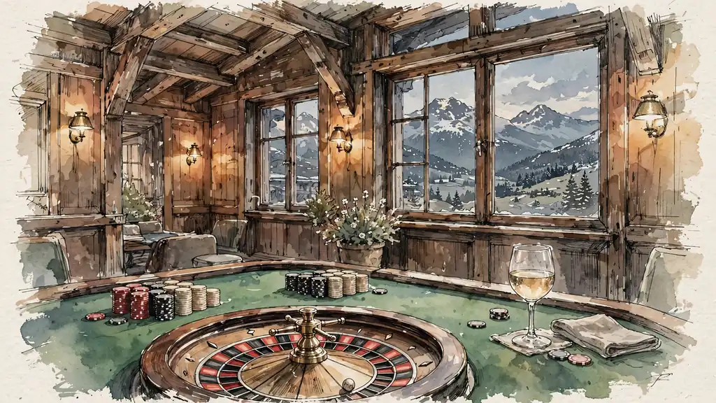 Gemütliche Schweizer Spielbank-Lounge mit Roulette-Tisch und Spielchips bei warmem Abendlicht