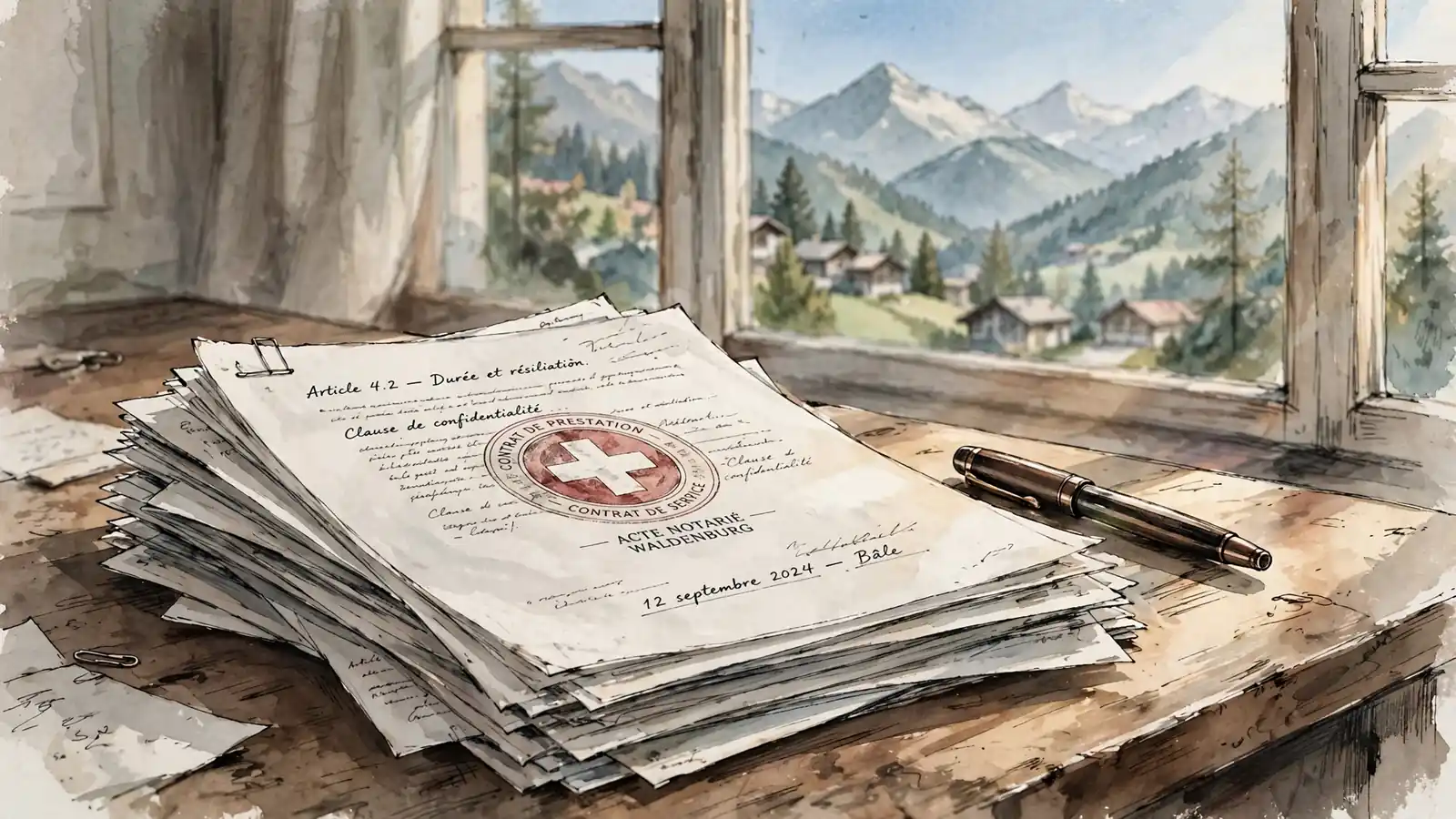 Nahaufnahme von Schweizer Vertragsunterlagen auf einem Holztisch