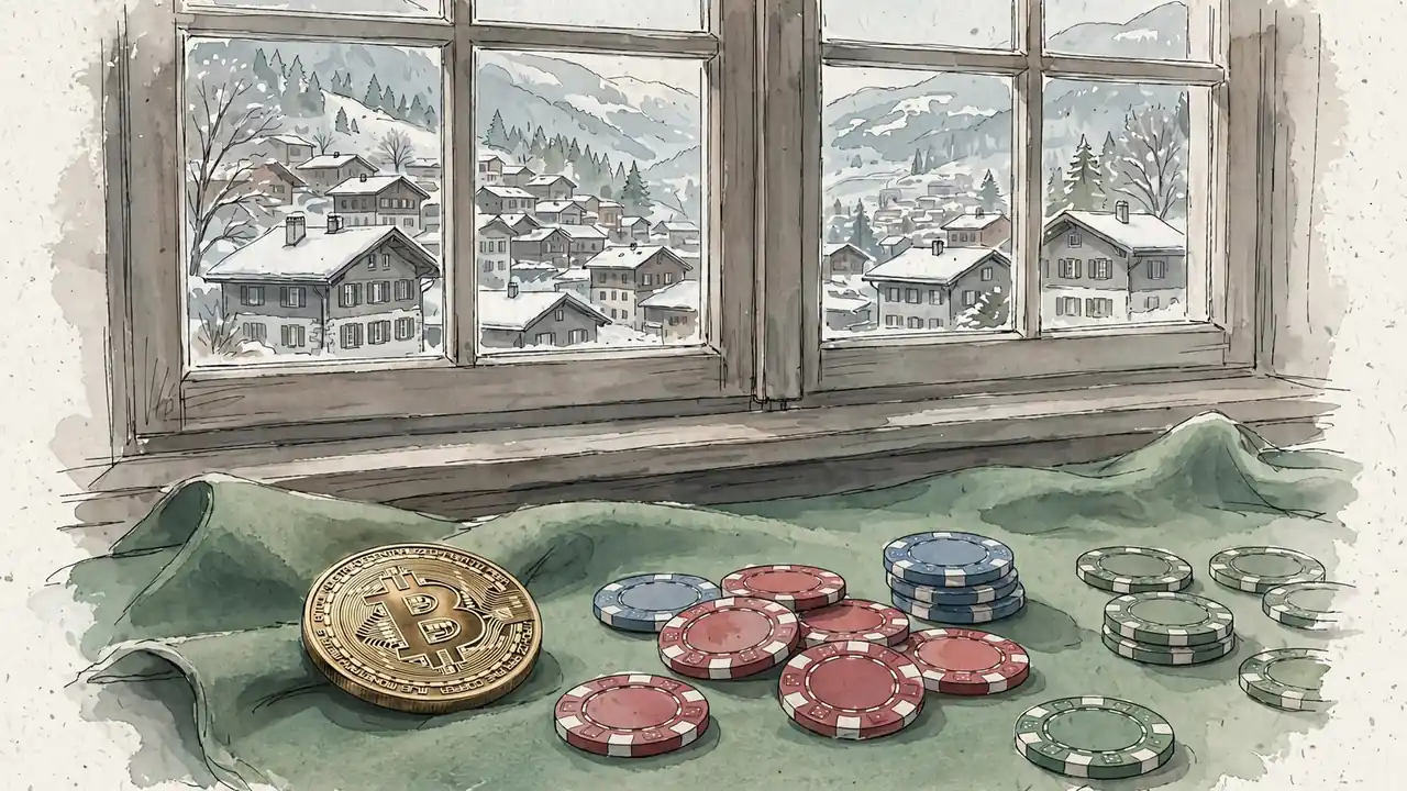 Bitcoin-Münze auf Spieltisch mit Schweizer Alpenpanorama im Hintergrund