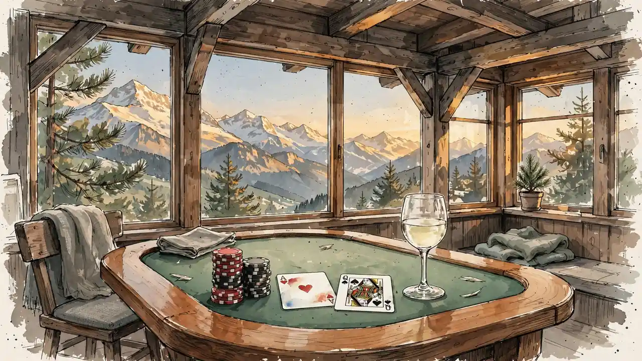 Abendliche Atmosphäre in einem Schweizer Chalet mit Spielkarten, Casino-Chips und Blick auf die Alpen.