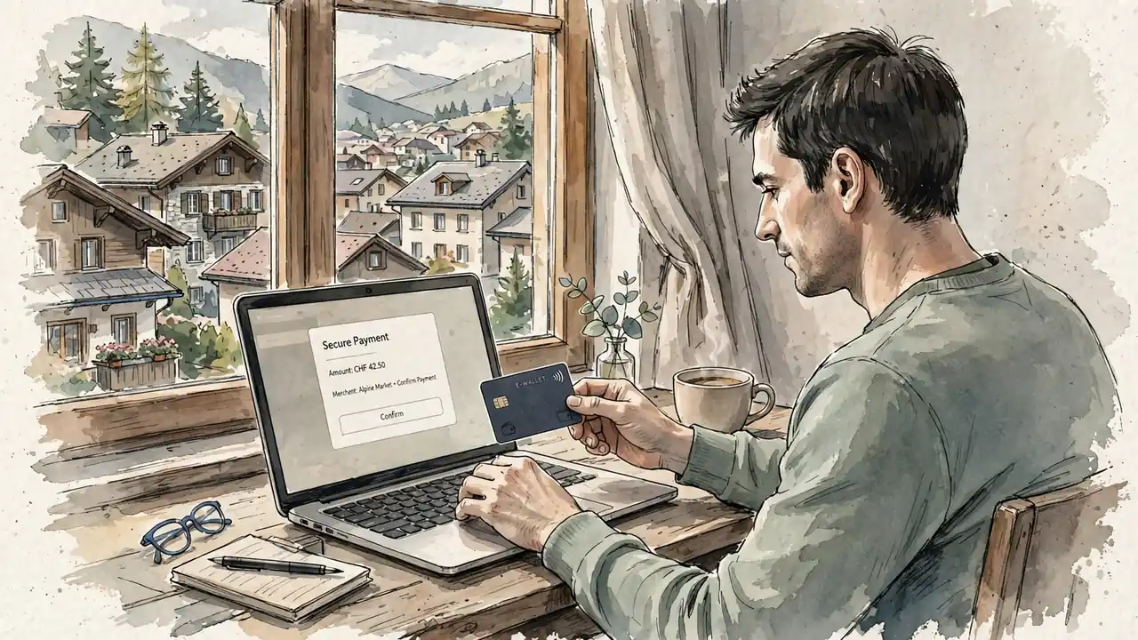 Person am Schreibtisch mit Skrill-Karte und Laptop, Schweizer Bergdorf im Fenster