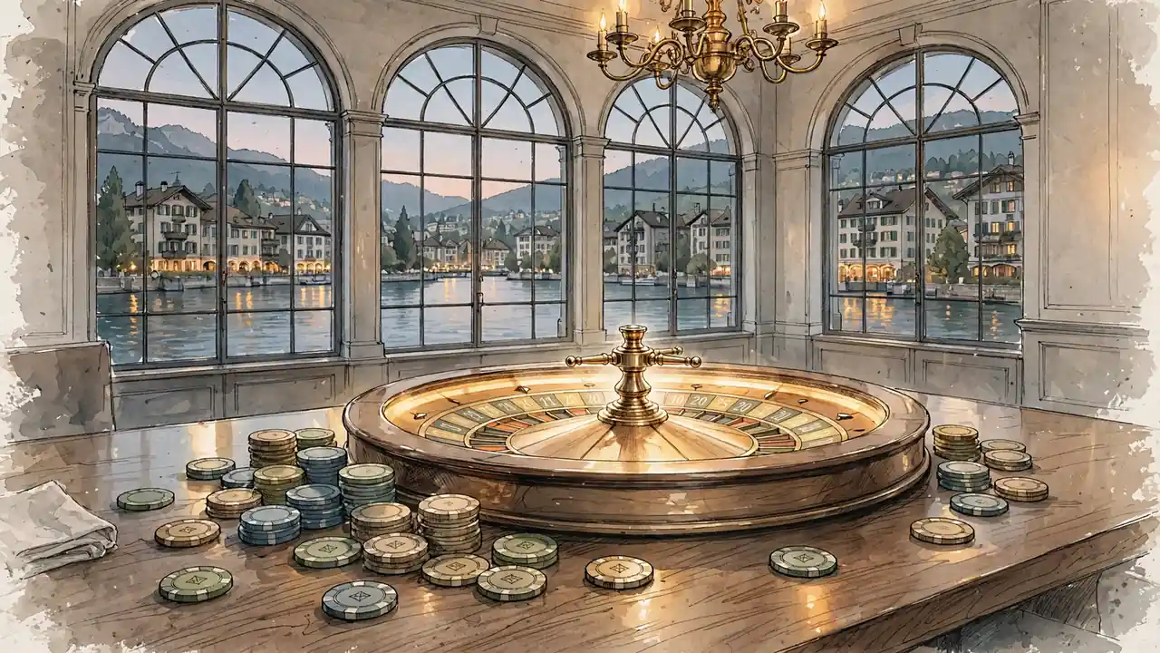 Roulette und Spielchips auf einem Holztisch vor einem Fenster mit Blick auf Zürichsee.