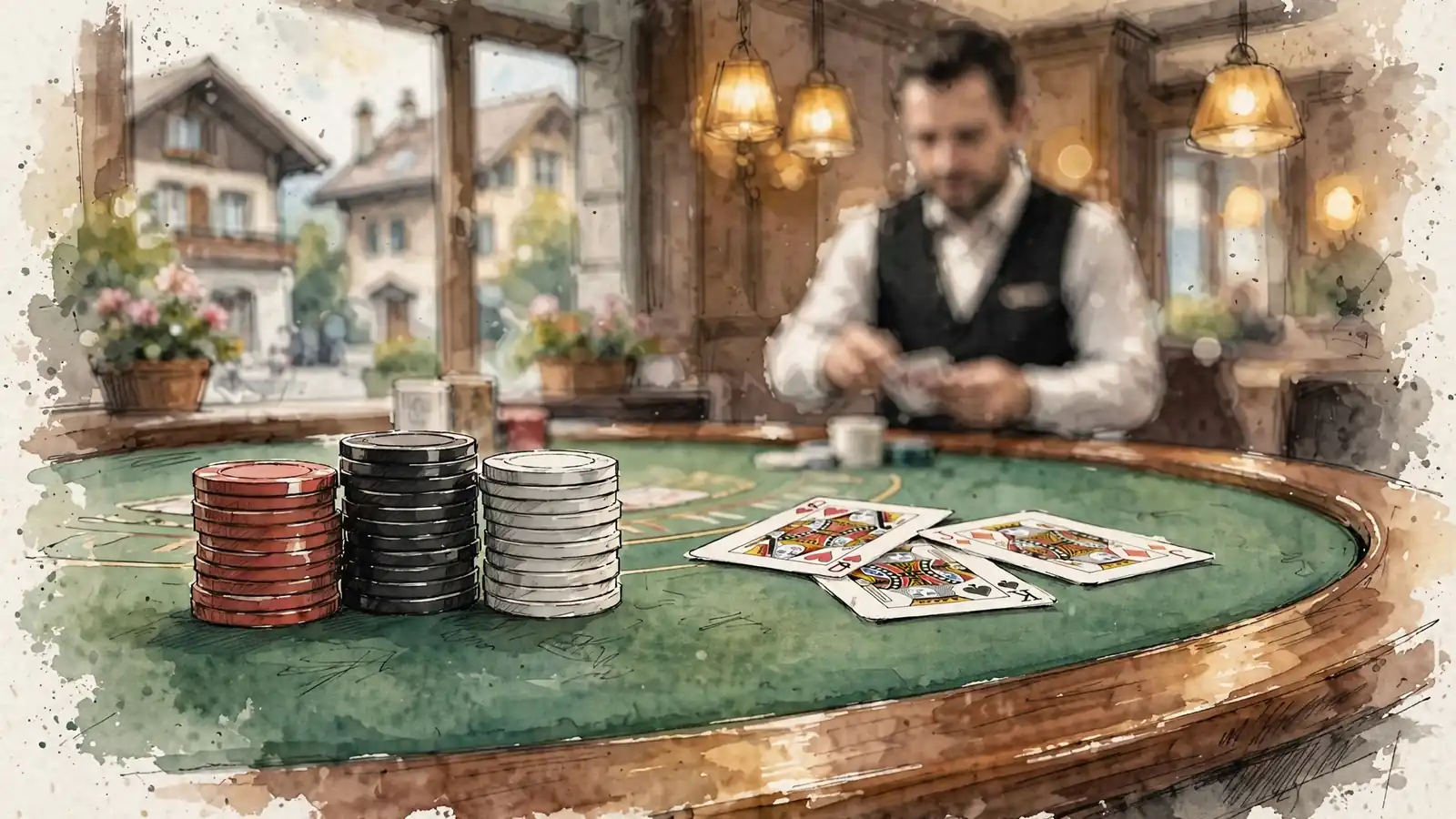 Green Blackjack-Tisch mit gestapelten Chips und Karten im Schweizer Live-Casino