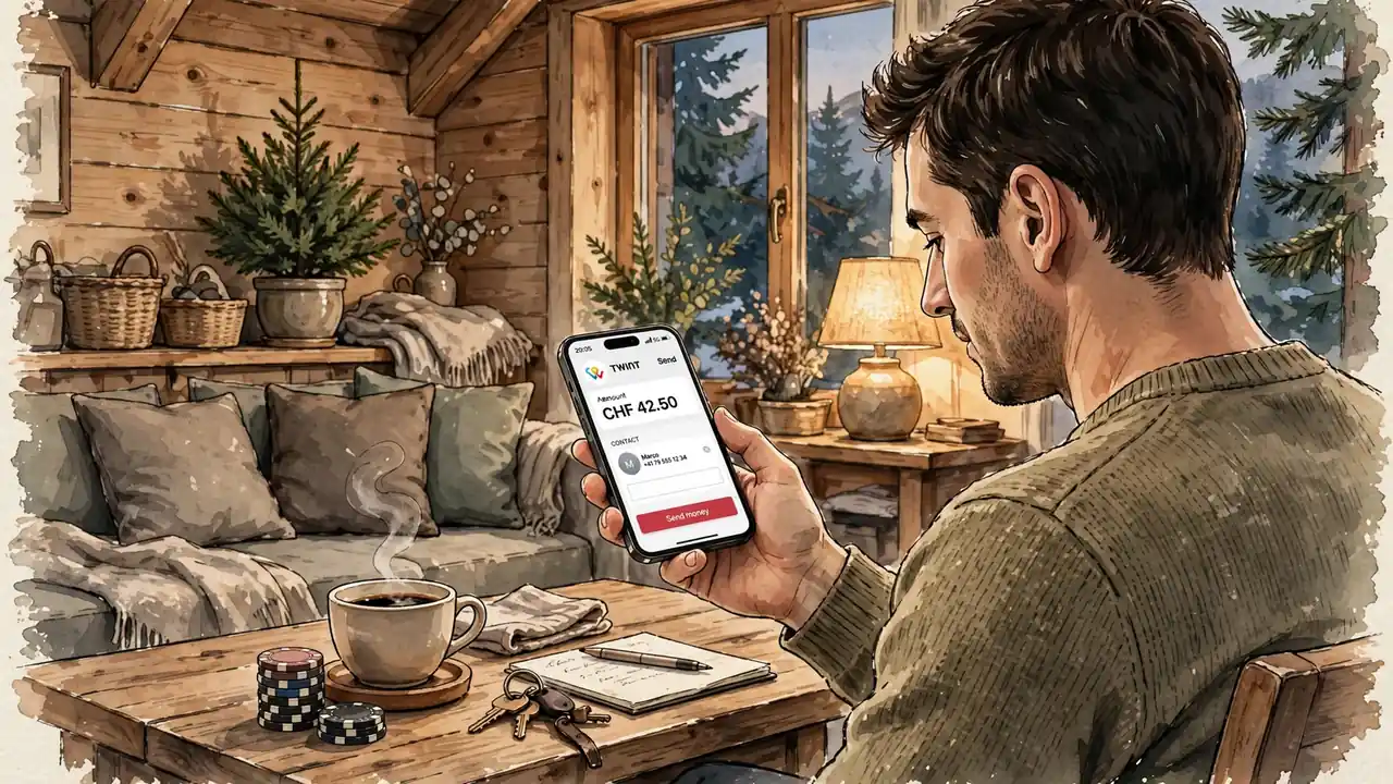 Spieler mit Smartphone und TWINT-App in Schweizer Wohnung