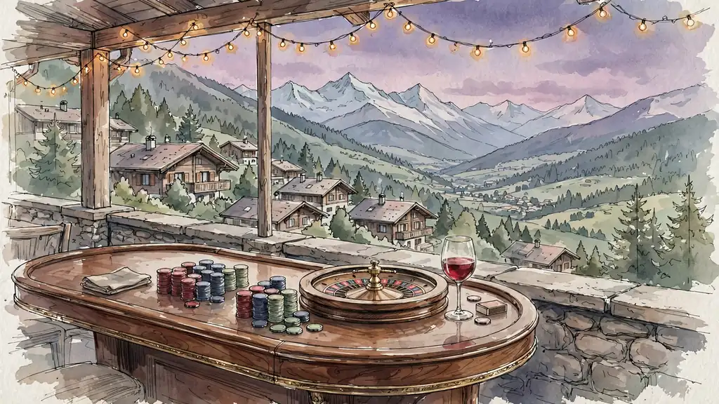 Casino-Tisch mit Jetons und Roulette vor Schweizer Alpenkulisse bei Abenddämmerung.