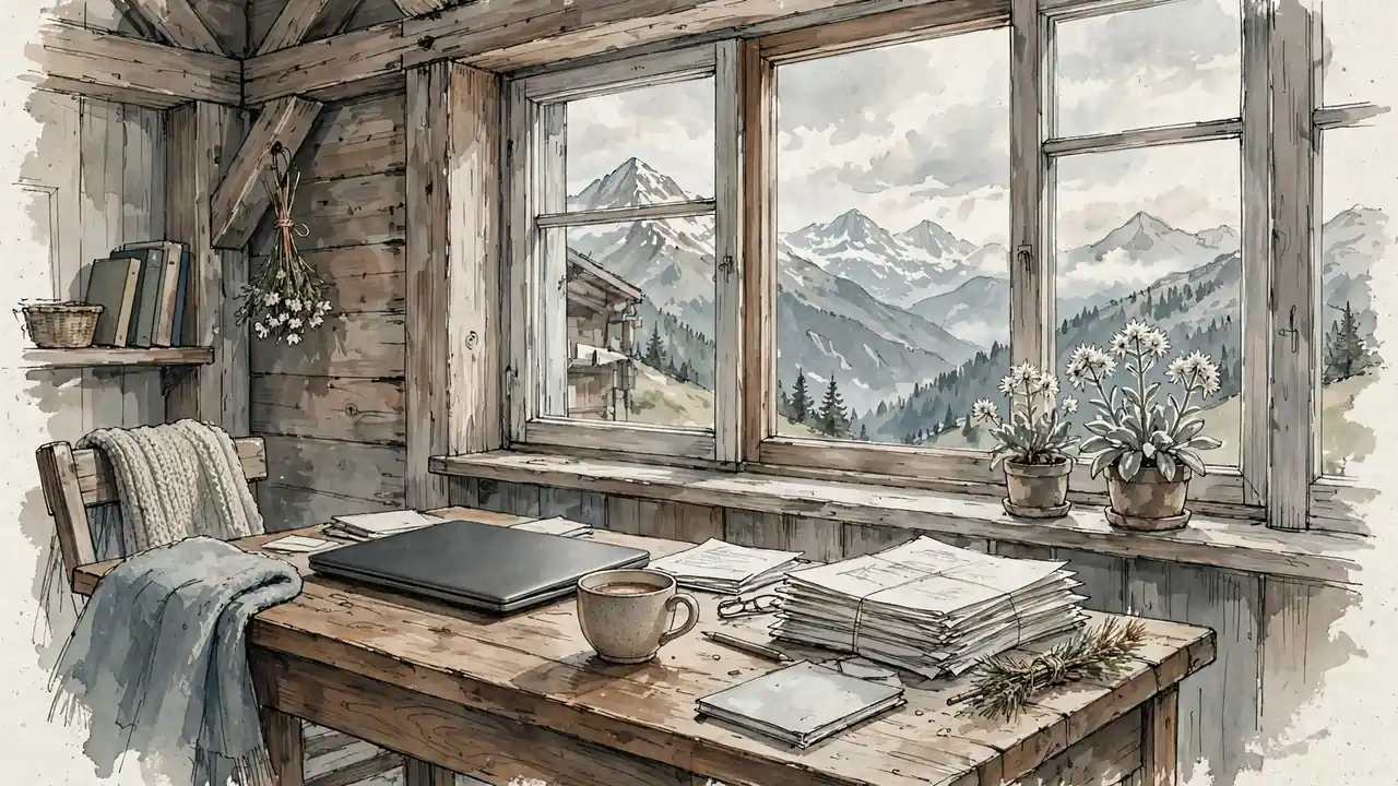 Schweizer Arbeitszimmer mit geschlossenem Laptop und Alpenblick