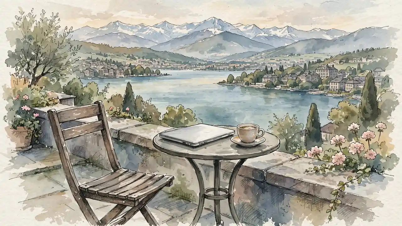 Terrasse mit Laptop und Blick auf den Genfersee und die Alpen.