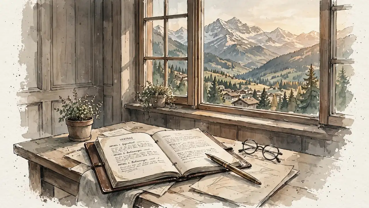 Schreibtisch mit juristischem Dokument und Schweizer Alpen im Hintergrund