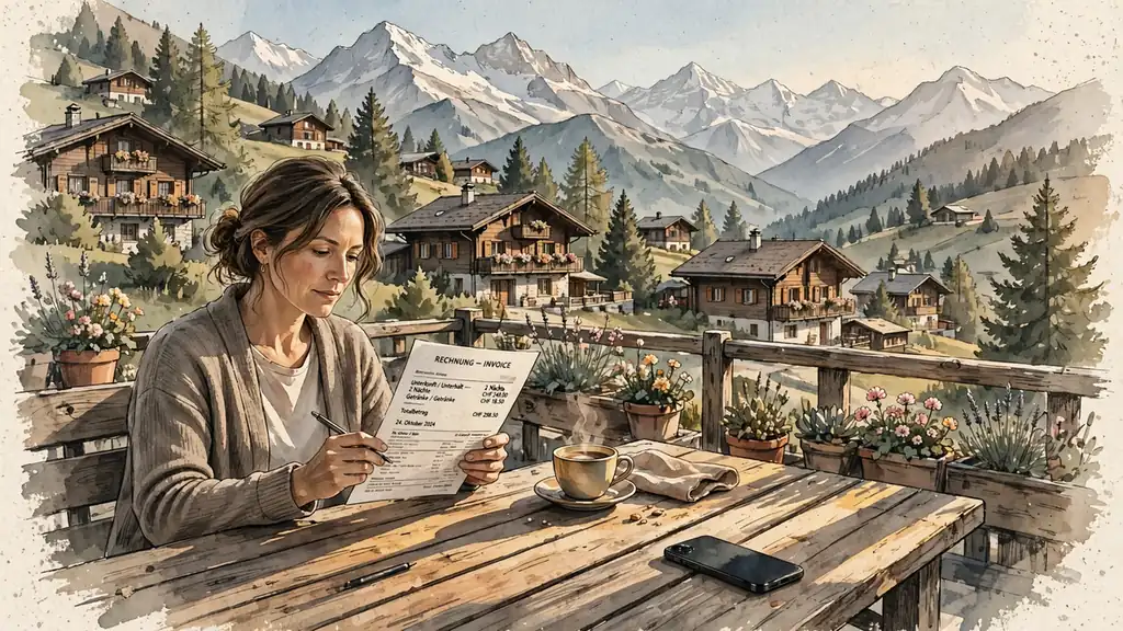 Schweizer Bergdorf mit Person, die eine Rechnung auf einer Holzterrasse prüft.