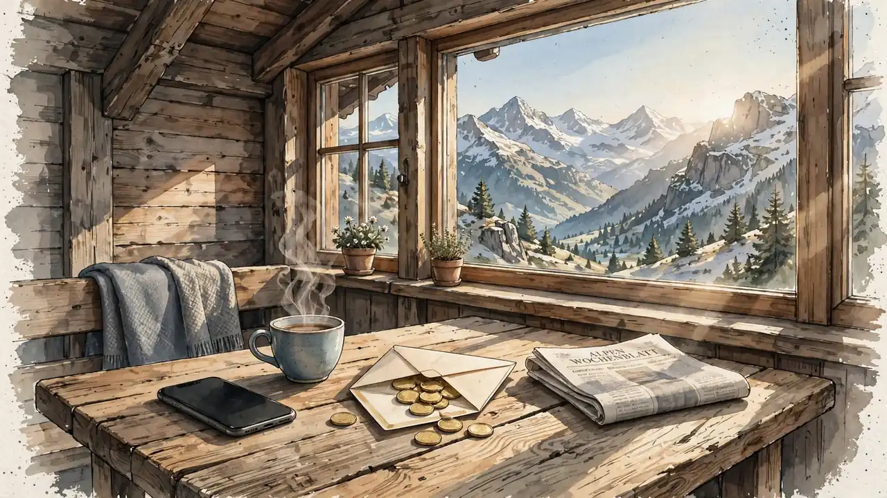 Schweizer Chalet mit Smartphone, Kaffeetasse und Umschlag mit Goldmünzen auf Holztisch