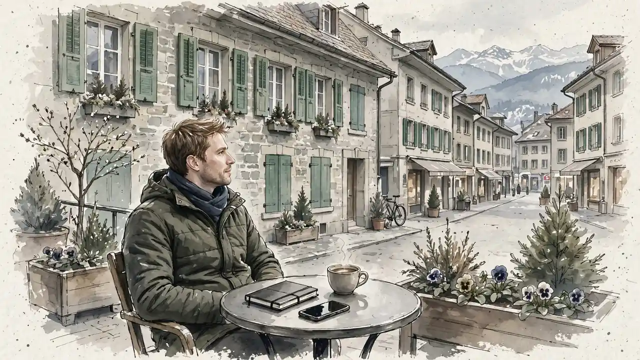 Schweizer Stadtcafé mit Person, Smartphone und Alpen im Hintergrund