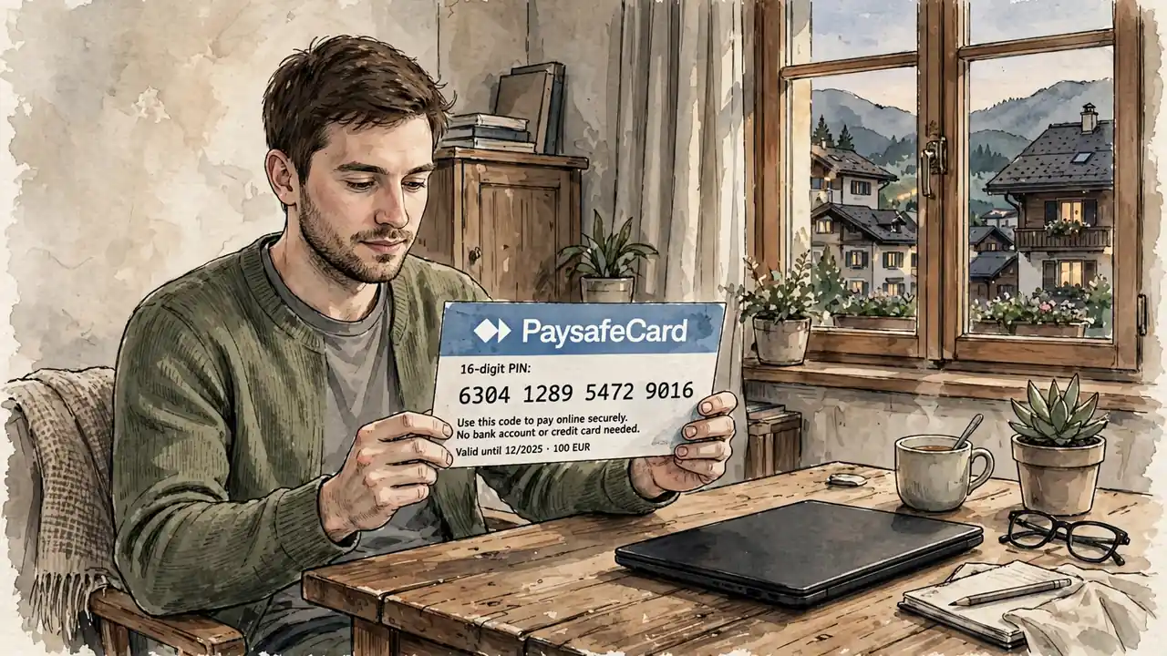 Mann mit Paysafecard-Gutschein am Tisch in Schweizer Wohnung