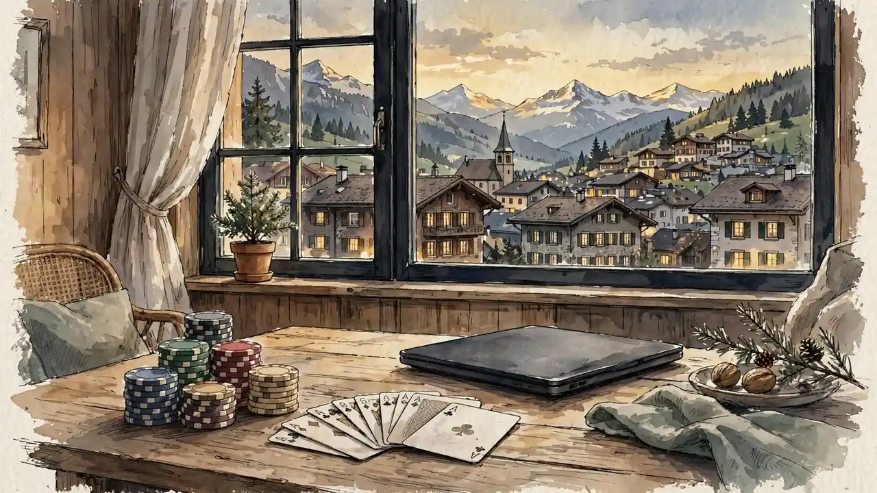 Schweizer Wohnzimmer mit Spielchips und Karten auf Holztisch, Alpenblick durch Fenster.