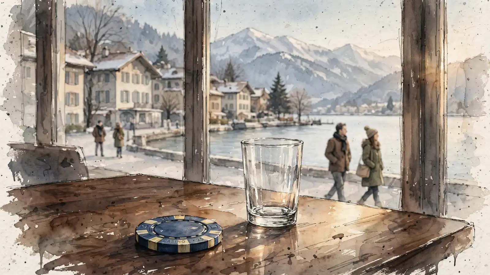 Casino-Chip auf Holztableau vor verschneiter Schweizer Berg- und Seepanorama am Fenster