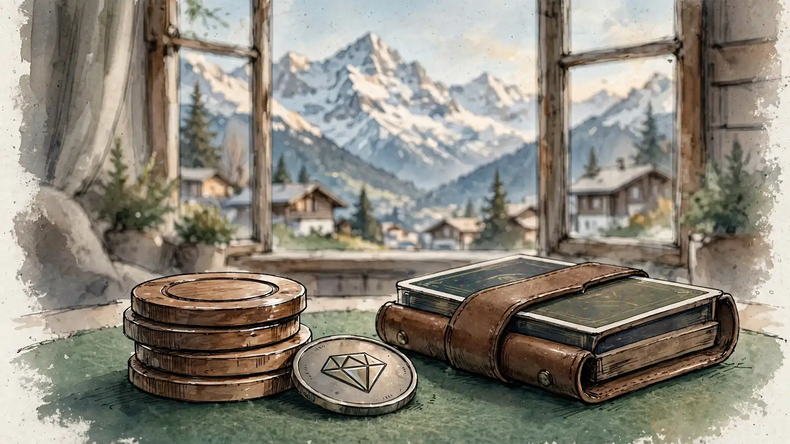 Stapel Casino-Chips mit Krypto-Münze und Schweizer Alpen im Hintergrund