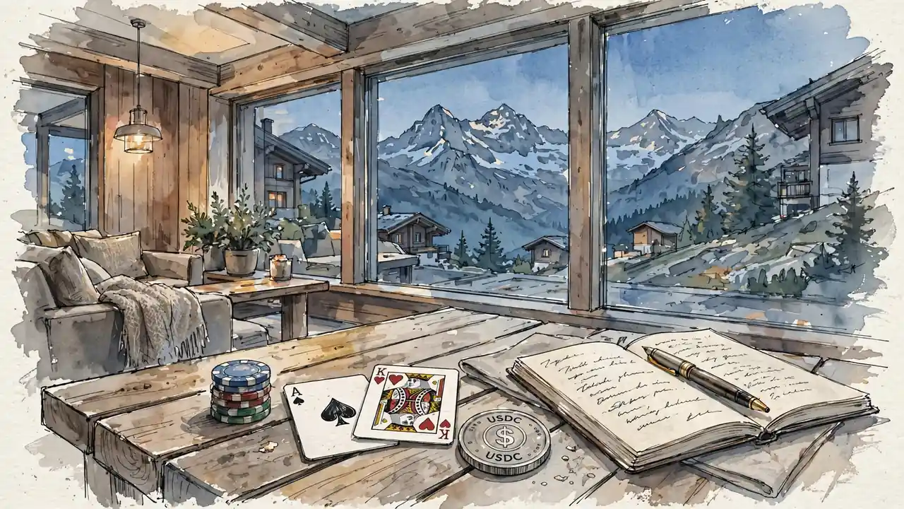Schweizer Alpine-Lounge mit Spielchips, Karten und einer Kryptomünze auf dem Tisch bei Dämmerung.
