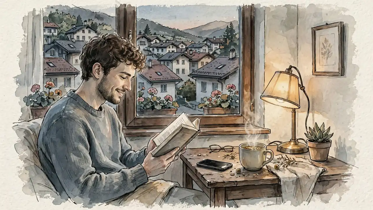 Person legt Smartphone weg und liest ein Buch in warmer Abendbeleuchtung