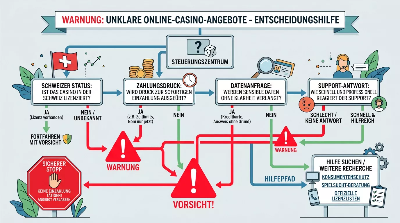 Entscheidungspfad mit Warnzeichen für unklare Online-Casino-Angebote